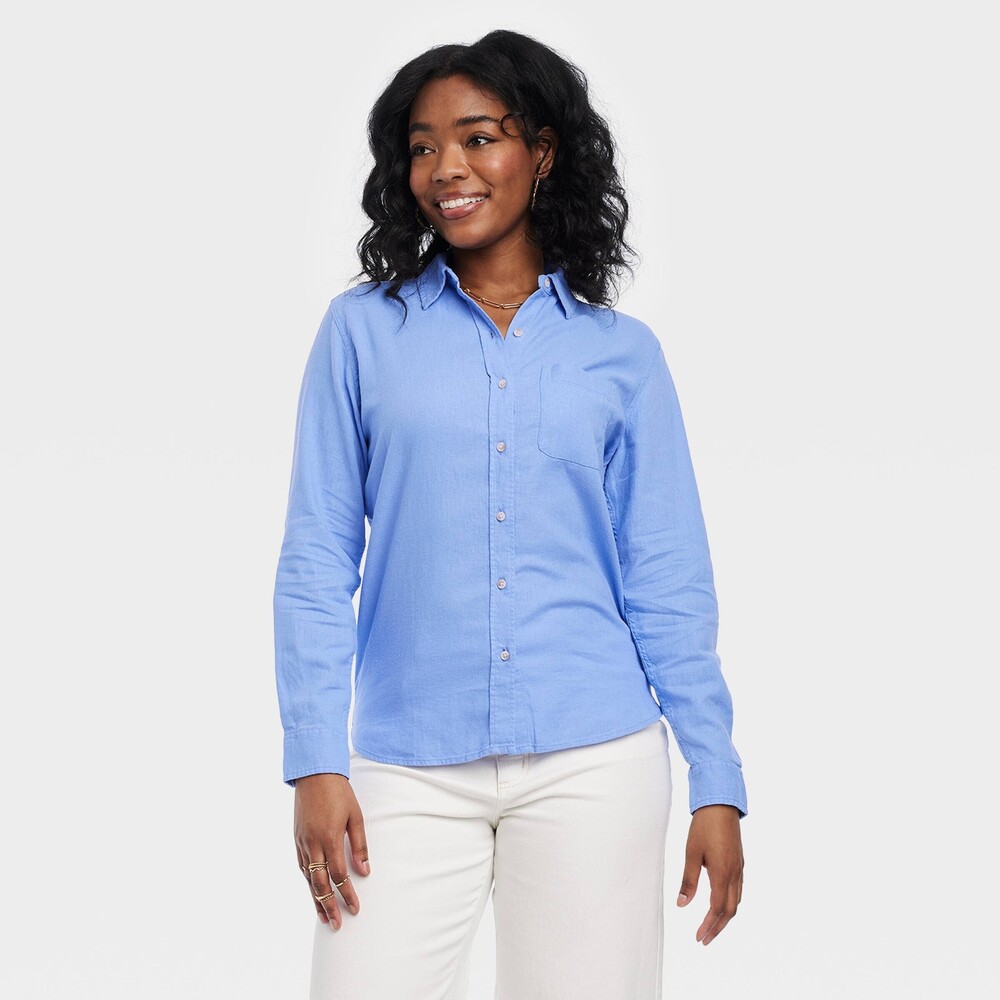 Linen Long Sleeve Collared Button-Down Shirt - Blue L